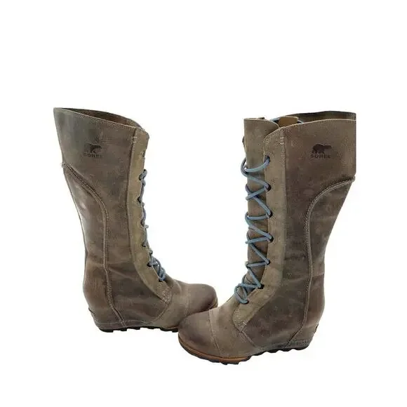 Sorel Cate the Great Size 8.5 Tall High Wedge Boots Brown Gray Waterproof - Picture 11 of 16